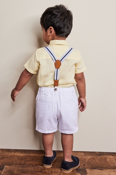 Next Baby Cotton Yellow White Shirt Shorts Bow Tie Strap Set