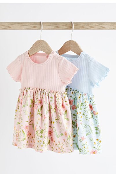 Next Baby 100% Cotton Pink Blue Floral Patterned Short Sleeve 2-Piece Dress Set