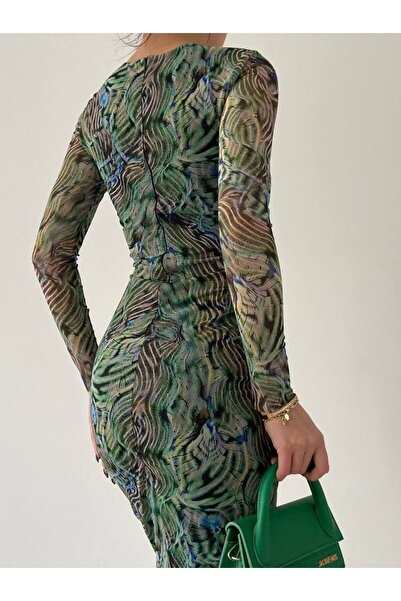 SONREİR فستان أخضر منقوش بطول متوسط من التول