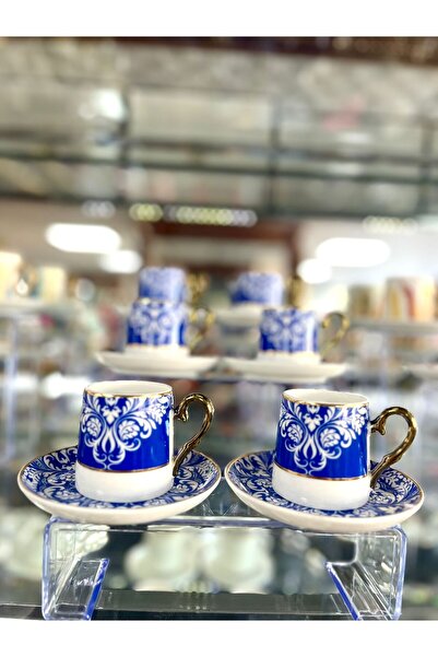 LILY HOME mavi renk porselen 6 kişilik türk kahve fincan takımı