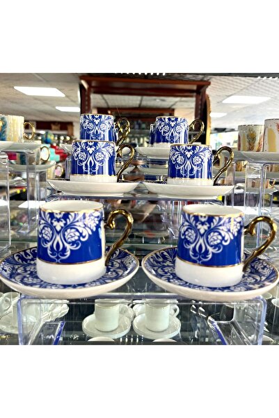 LILY HOME mavi renk porselen 6 kişilik türk kahve fincan takımı