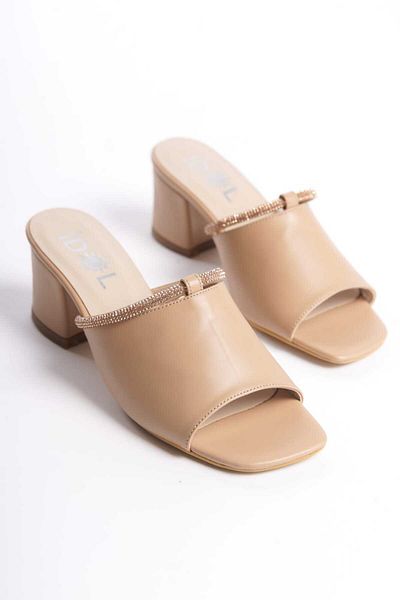 İDOL SHOES WOMEN'S VEGAN LEATHER STONE HEEL SLIPPERS