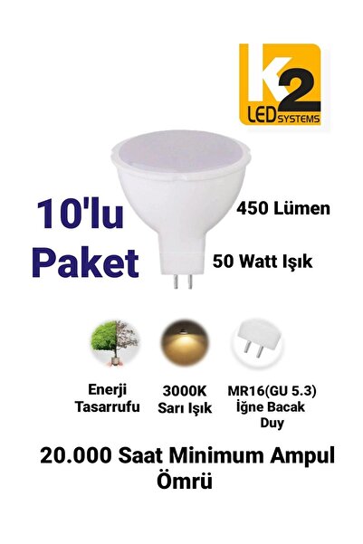 repplam 10'lu Paket 5w - 50w Mr16 Led Ampul Sarı Işık 450 Lümen Gu 5.3 Led Am...