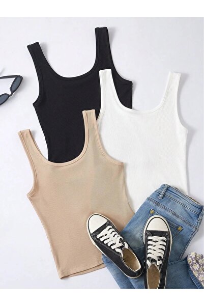 artofdress 3'lü Ünisex Fitilli Halter Yaka Likralı Kaşkorse Atlet