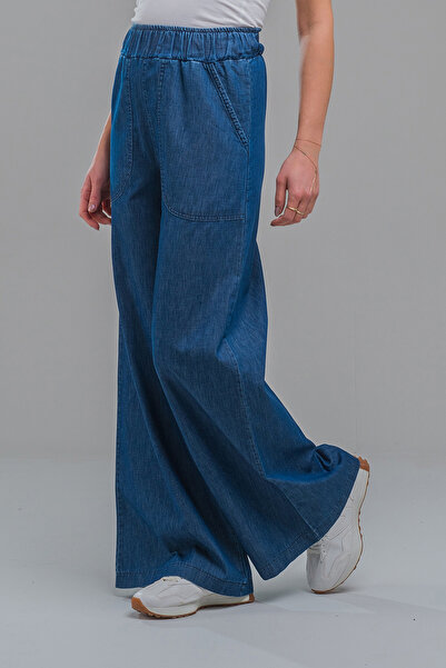 Bold & Young Women's Indigo Color Pocketed Wide Leg Elastic Waist Thin Jeans
