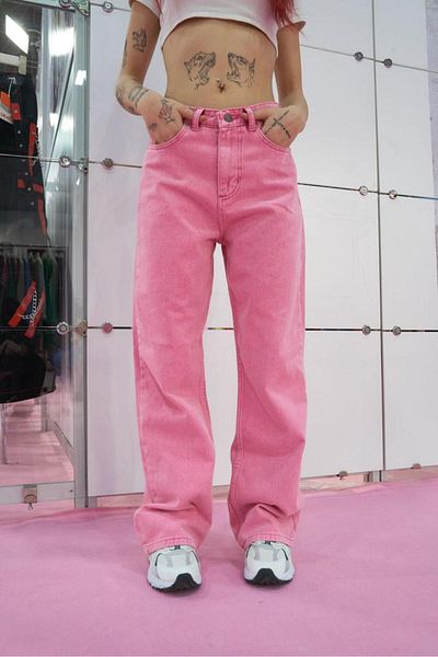 Gofeel Pink Jeans Detailed Wide Leg Washed Trousers