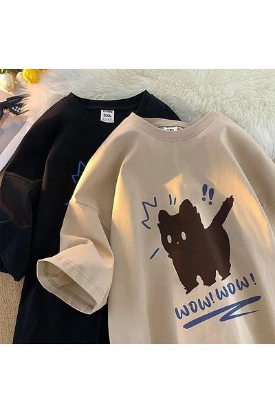 Gofeel Wow Cat Detailed Oversize Unisex Black T-shirt