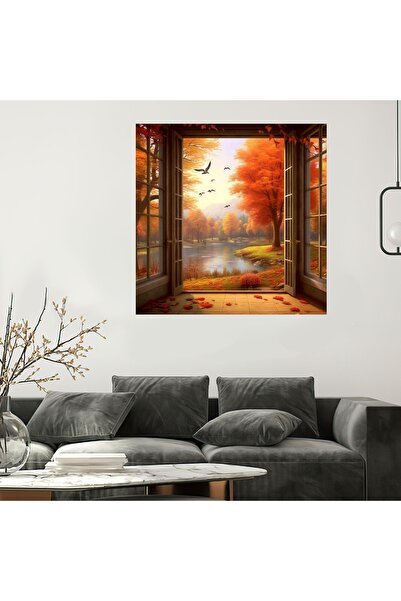 HDART Pencere Göl Kuş Doğa Manzara  Ağaç  Dekoratif Duvar Kanvas Tablo Tablosu
