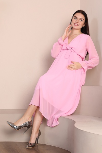 Azra Style Hamile Kruvaze Yaka Kuşaklı Şifon Elbise Trend Düğün Nişan Kına Pembe