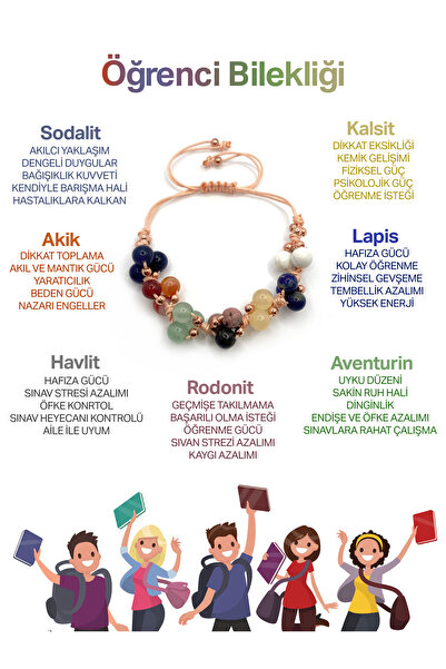 OSMANLI DEĞERLİ TAŞ Öğrenci Bilekliği Doğal Taş Lapis-Sodalit-Karnelyan Akik-Kalsit-Aventurin-Rodonit-Havlit