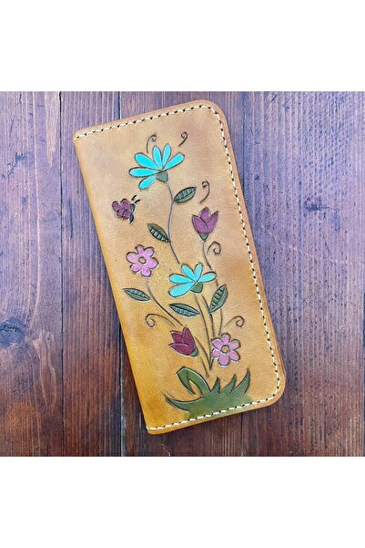 Atolyeff Çiçek Deseni Kazıma El Yapımı Gerçek (Hakiki) Deri Cüzdan