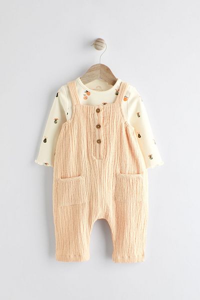 Next Baby 100% Cotton Peach Pink Salopet Bodysuit Set