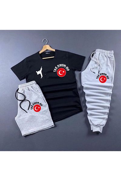 Pisa Art Taekwondo Türkiye Printed Set of 3 Oversize T-shirt Slim Shorts and Sweatpants Combination Unisex Design