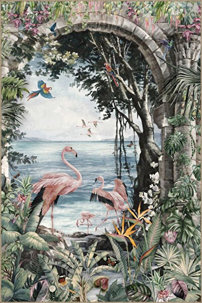 Rugs Modern Halı Orman Temalı Goblen Tasarım Flamingo ve Deniz Desenli Vintag...