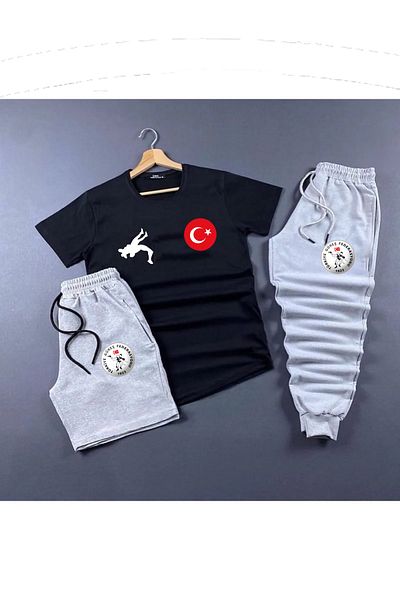Pisa Art Wrestling Turkey Printed Set of 3 Oversize T-shirt Slim Shorts and Sweatpants Combination Unisex Design