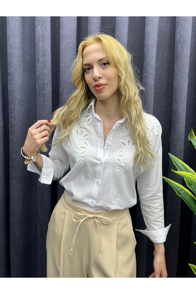 Moda Palmiss Cămașă albă de damă cu mânecă lungă cu aspect de in