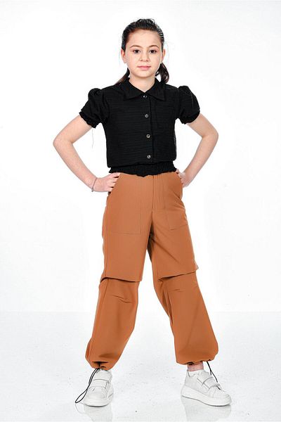 RAMON&ARTOS Knee Detail Pocket Palazzo Parachute Leg Clip Rubber Adjustable Girls' Trousers