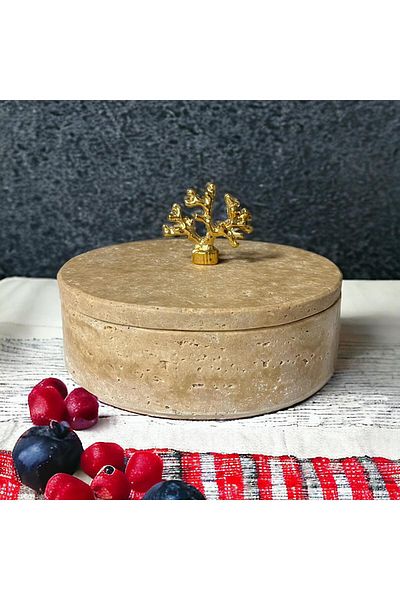 Modestmar Travertine Round Bowl with Gold Coral Lid