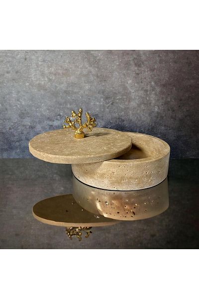 Modestmar Travertine Round Bowl with Gold Coral Lid