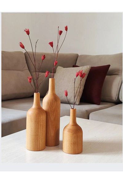 WooDanica Wooden Vase Set of 3 - Beech Wood Home Decoration, Pampas Dried Flowers