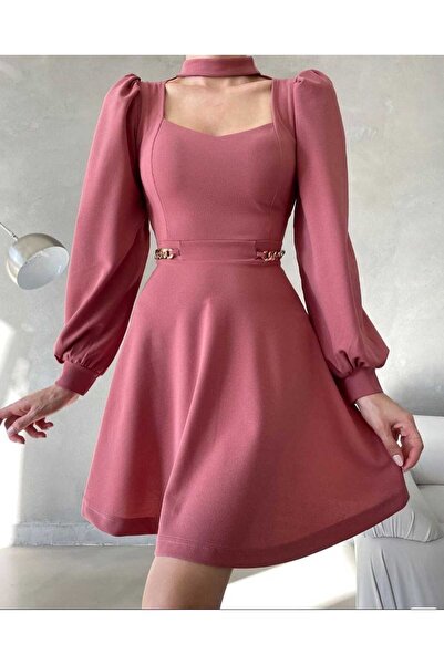 ELSFASHİON Kare Yaka Pudra Viskon Kumaş Abiye