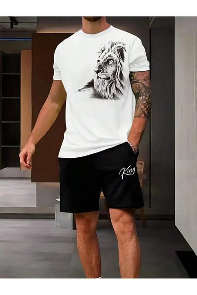 AMMA Men's Plus Size White Black Lion King Printed Bottom Top T-Shirt Shorts Set