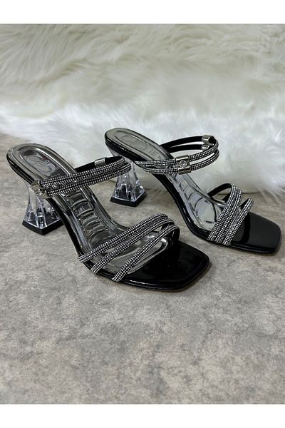 İmerShoes Daily Women's Black Jewelled Slippers Hologram Thick Transparent Heel Three-Band Evening Dress Sandals 6100