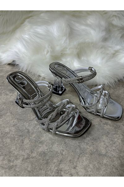 İmerShoes Daily Women's Silver Slippers Hologram Mesh Detailed Transparent Heel Blunt Toe Evening Dress Sandals 6200