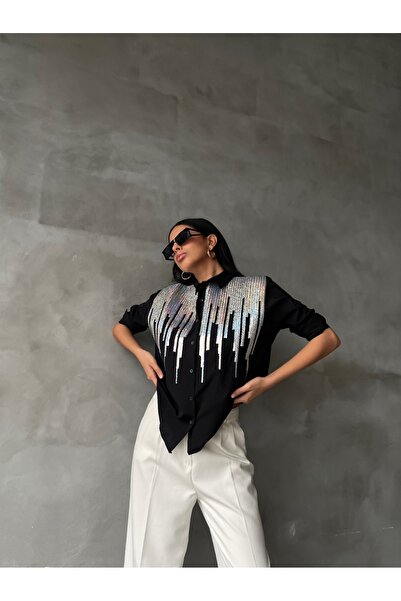 Larenya Kadın Pul Payet İşlemeli Özel Tasarım Siyah Gömlek