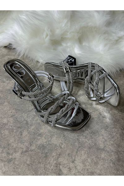 İmerShoes Daily Women's Silver Slippers Hologram Mesh Detailed Transparent Heel Blunt Toe Evening Dress Sandals 6200