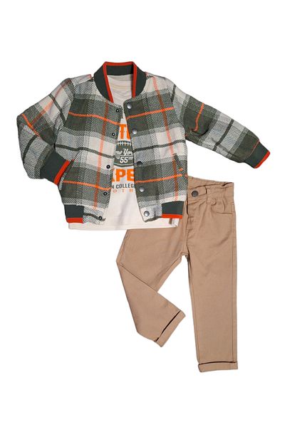 Bebüş Boy's 3-Piece Set - Bomber Collar, Fleece Lined Cardigan, Text Printed Sweat, Trousers