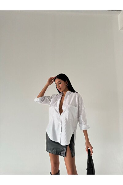 Larenya Kadın Gümüş Varaklı Beyaz Gömlek