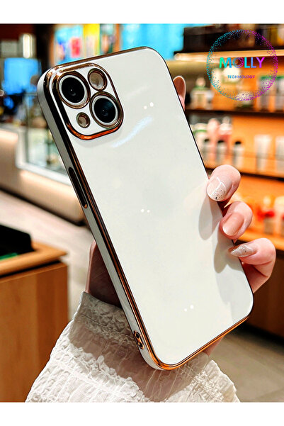 Molly Iphone 14 Için Inci Beyazı Kenarları Gold Detaylı Lüks Silikon Kılıf