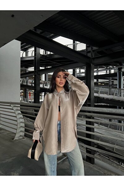 LB Laluna Butik قميص نسائي مخطط وشق جانبي