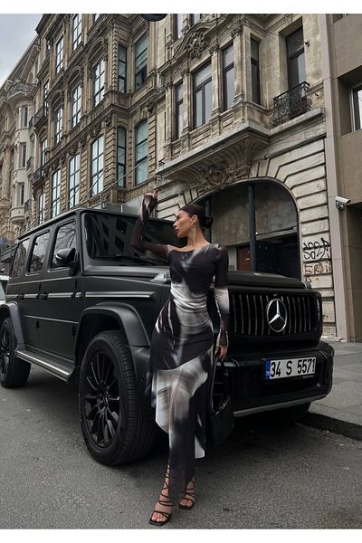 LB Laluna Butik Γυναικείο φόρεμα από τούλι με μαύρο σχέδιο ασύμμετρο κόψιμο