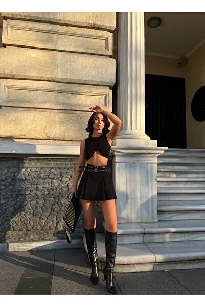 LB Laluna Butik Fustă mini scurtă plisată cu curea dublă de damă