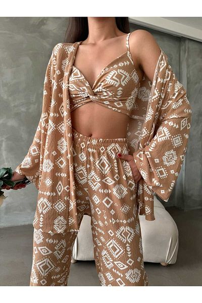 BE CHİC WOMEN'S ETHNIC PATTERNED HIGH WAIST BOL TROUSERS AND KIMONO 3-PIECE SET RD1060