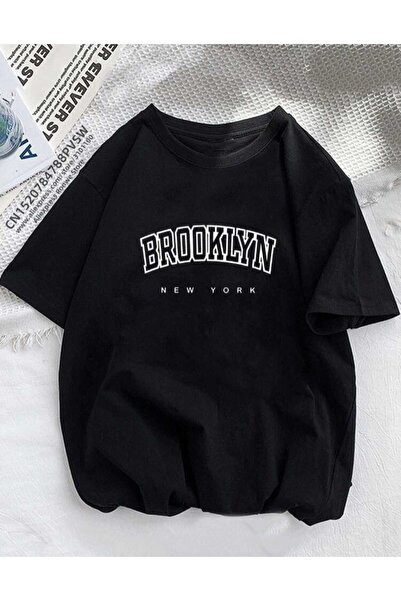 Elvino Tricou negru unisex oversize cu imprimeu Brooklyn pentru femei