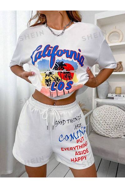 AMMA Women's White Large Size California Printed Top and Bottom T-Shirt Shorts Set