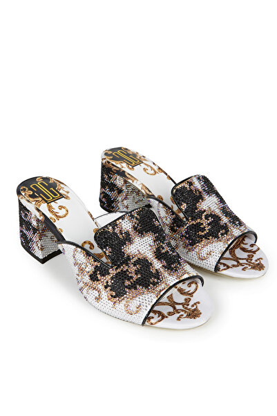 Cengiz Gümüş Siyah Altın Taş Baskı Topuklu Terlik