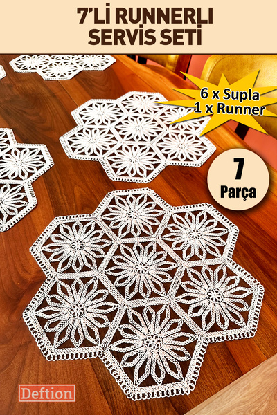 Deftion 7'li Güpür Sofra Servis Sunum Seti Dantel Supla Ve Runner Şömen Yemek...