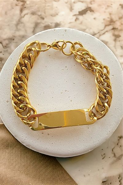 TAKIŞTIR Gold Color Chain Detailed Steel Bracelet (Unisex)