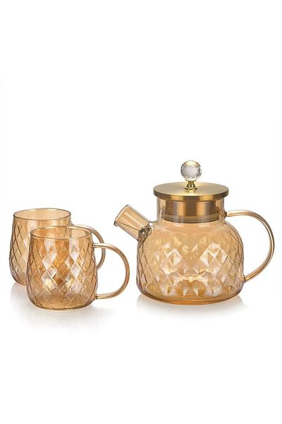 Senin Dükkanın Borosilicate Glass Amber Authentic Patterned Glass Teapot & Jug 1500 Ml & 2 Amber Mug 330 Ml