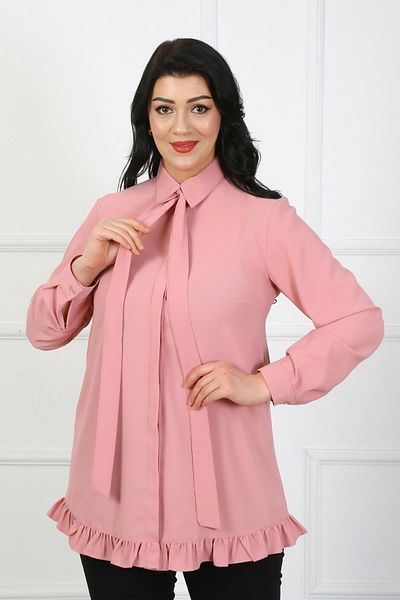 By Alba Collection Γυναικείο πουκάμισο με ροζ μπροστινό κασκόλ με λεπτομέρεια Dubai Fabric Plus Size