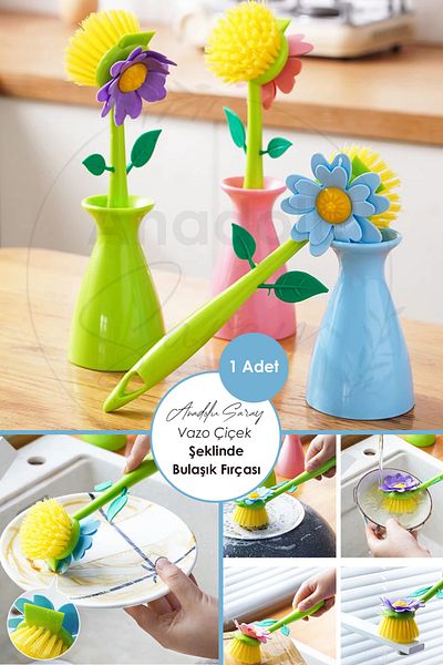 Anadolu Saray Flower Shaped Dish Cleaning Brush with Vase Bathroom Kitchen Sink Dish Cleaning Brush - 1 PC