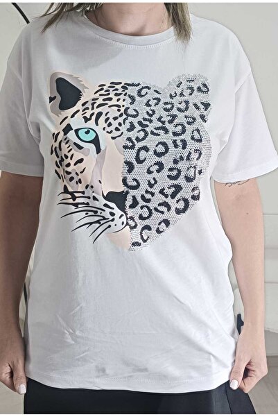 Beyaz Leopar Baskı ve Taşlı T-Shirt