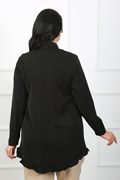 By Alba Collection Cămașă de damă neagră în față cu detaliu eșarfă Dubai din material mare