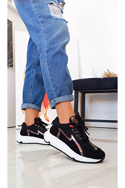 GDT Ayakkabı Black Flat Sole Lace-Up Women's Sports Shoes