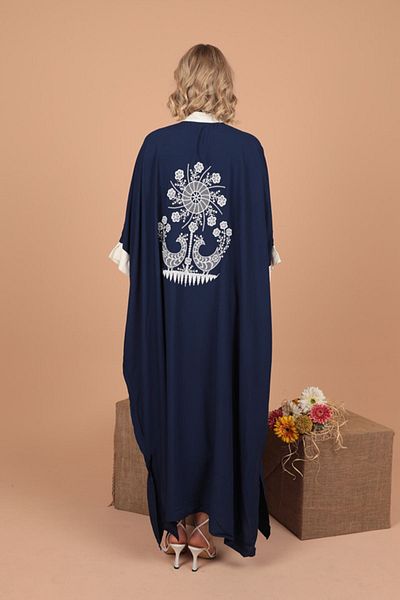 RICHMOST Women's Long Sleeve Viscose Fabric Dress with Flower Embroidery Detail on the Back Navy Blue Summer / Spring