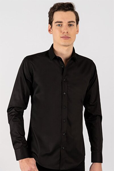 Tudors Slim Fit Απλό λεπτό βαμβακερό σατέν ανδρικό μαύρο πουκάμισο